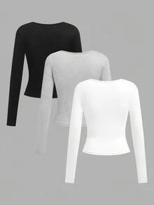 SHEIN EZwear 3pcs Women Casual Wide Neck Bodycon Long Sleeve T-Shirt Set, Autumn/Winter