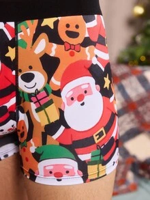 Weihnachtliche Boxershorts mit witzigem, cartoonhaftem Muster von Weihnachtsmann, Geschenkbox, Zuckerstange, Glocke, Schneeflocke, Schneemann, für Familienpartys
