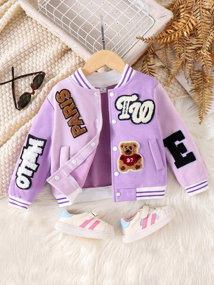 SHEIN Elladie kids 年轻女孩紫色长袖纽扣秋冬夹克，时尚甜美针织开衫毛衣外套 - 紫色 - 查看 1