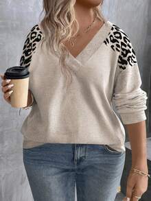 EMERY ROSE Women's V-Neck Layered Leopard Print Long Sleeve Plus Size T-Shirt, Autumn/Winter - Apricot - View 1