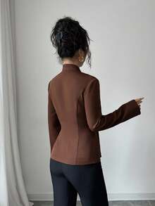 SHEIN Elenzya 女士优雅浪漫法式褶皱 V 领收腰喇叭下摆夹克，适合通勤、度假、下午茶、春秋季 - 棕色 - 查看 2