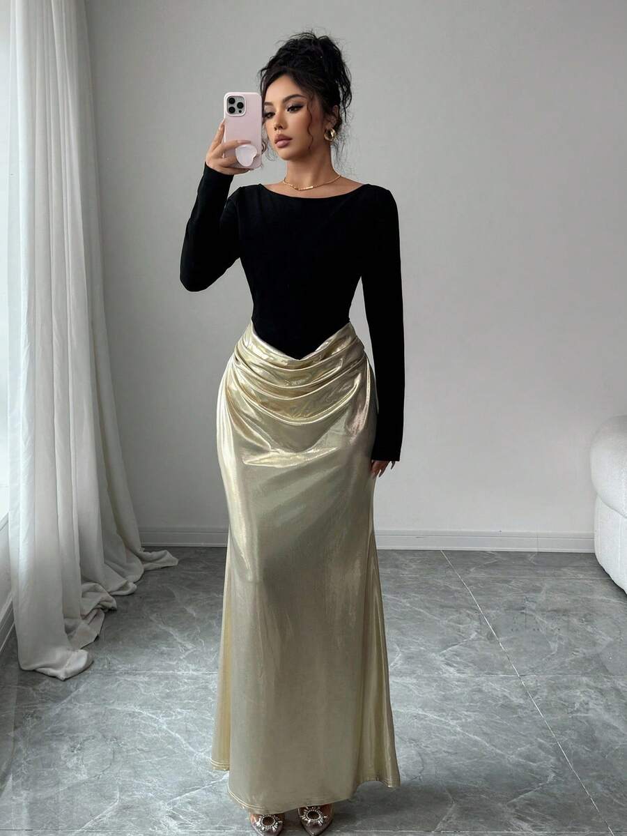 SHEIN Elenzya Robe moulante élégante et romantique avec taille ajustée, patchwork et volants à l'ourlet pour femmes