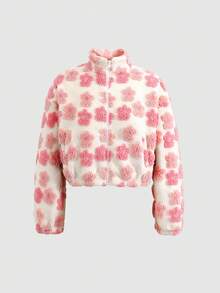 SHEIN 少女金属拉链立领口袋花卉羊羔绒纹理面料休闲通勤优雅外套夹克，秋冬 - 粉色 - 查看 6