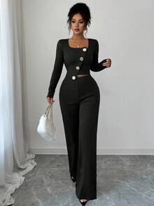 Elenzga Women's Elegant Asymmetric Hem Long Sleeve Blazer Jacket And Elastic Waist Pants 2 Pieces Suit Set For Office, Commute, Afternoon Tea, Party, Autumn/Winter - Black - View 8