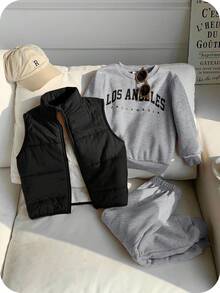SHEIN 3 件套年轻男童休闲舒适百搭厚夹克外套、连帽衫和长裤运动服套装，返校 - 黑色 - 查看 5