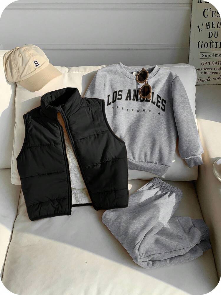 SHEIN 3 件套年轻男童休闲舒适百搭厚夹克外套、连帽衫和长裤运动服套装，返校 - 黑色 - 查看 5