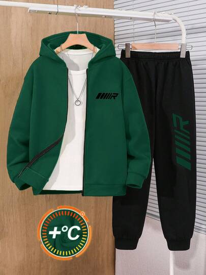 SHEIN Tween Boy 荧光绿色连帽衫和黑色宽松字母图案裤子 2 件套休闲运动服套装，适合户外、学校