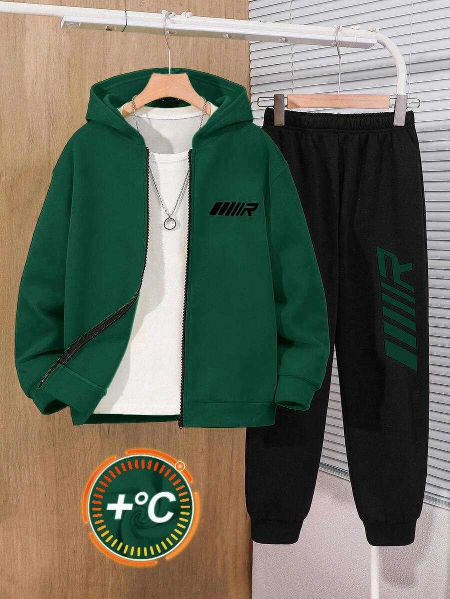 SHEIN Tween Boy 荧光绿色连帽衫和黑色宽松字母图案裤子 2 件套休闲运动服套装，适合户外、学校 - 墨綠色 - 查看 1