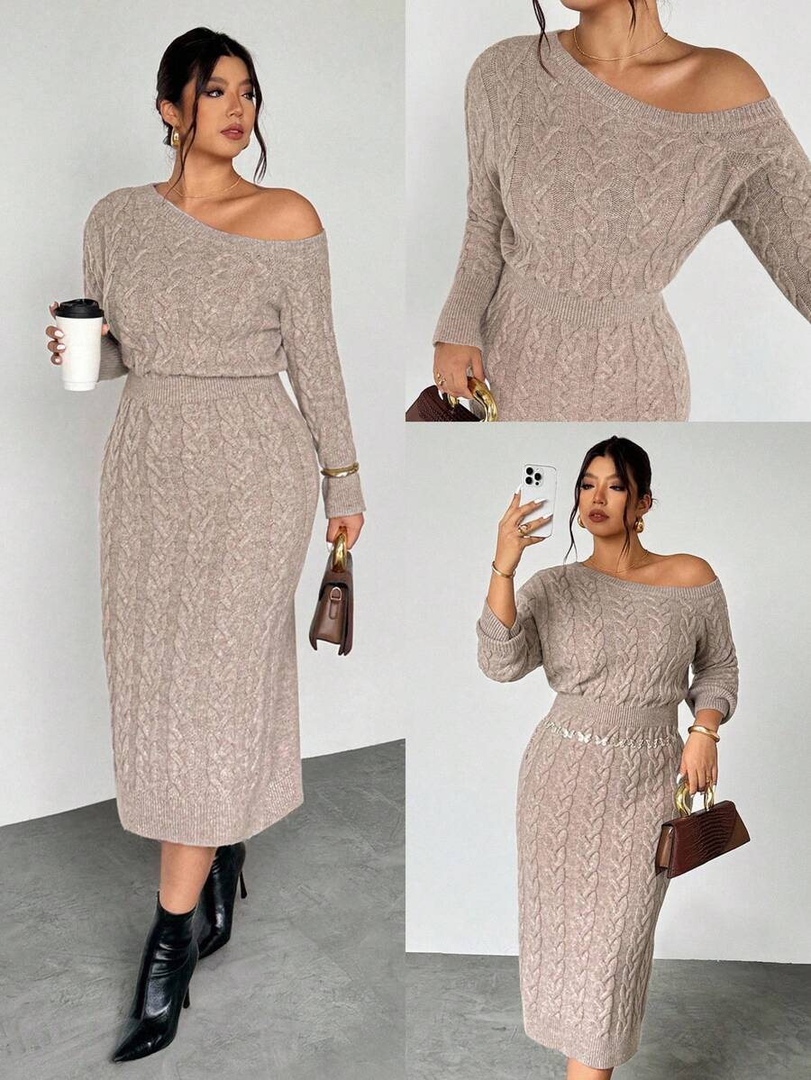 Firerie Große Größen Herbst/Winter Neue Mode Rundhals Sexy schräge Schulter Off-Shoulder Zopfstrick Pulloverkleid