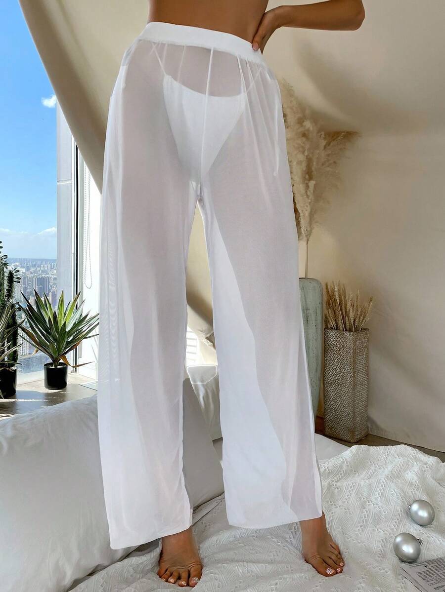 Swim Vcay Summer Beach Plain Cover Up Pants Without Bikini Panty - White - View 1