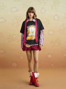 GARFIELD | SHEIN Women's Casual Vintage Cartoon Cat Print Round Neck Short Sleeve T-Shirt, Summer - Black - View 6