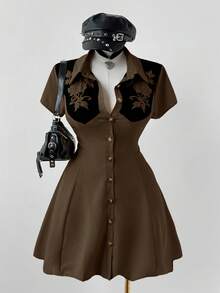 Sunspun Fashionable Collared Casual Colorblock Print Waist A-Line Dress - Brown - View 1