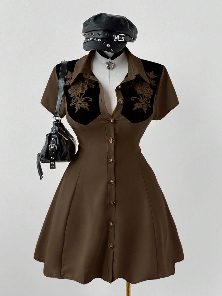 Sunspun Fashionable Collared Casual Colorblock Print Waist A-Line Dress - Brown - View 1