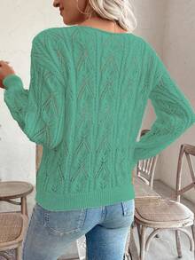 EMERY ROSE Vacation Style Casual Hollow Floral Pattern Off-Shoulder Loose Pullover Sweater - Mint Green - View 2