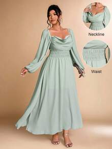 Cravure Christmas Plus Size Elegant Party Solid Color Draped Neck Side Slit Dress - Mint Green - View 7