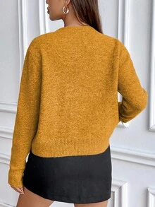 SHEIN Suéter de punto de cuello redondo de manga larga y unicolor de estilo casual - Naranja - Ver 2