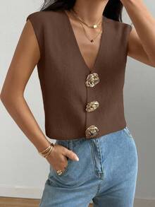 SHEIN LUNE 全新夏季法式优雅设计轻盈针织女式背心 - 咖啡棕 - 查看 6