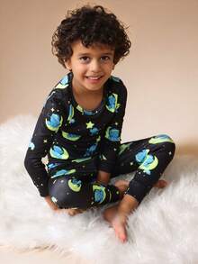 SUMWON Kids Dreamy Night Pajama Set With Sleeping Elephants On Moon Stars Pattern Long Sleeve Winter Bedtime Sleepwear Nightwear Lounge Set , Casual And - Navy Blue - View 8