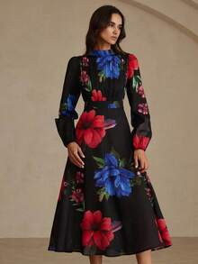 Aveloria Revavyn Elegant Floral Print High Neck Ruched Front Long Sleeve Midi Dress, Autumn/Winter - Multicolor - View 3