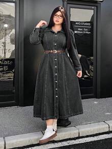 SHEIN ICON 大码纯色休闲长袖牛仔连衣裙 - 深灰色 - 查看 1