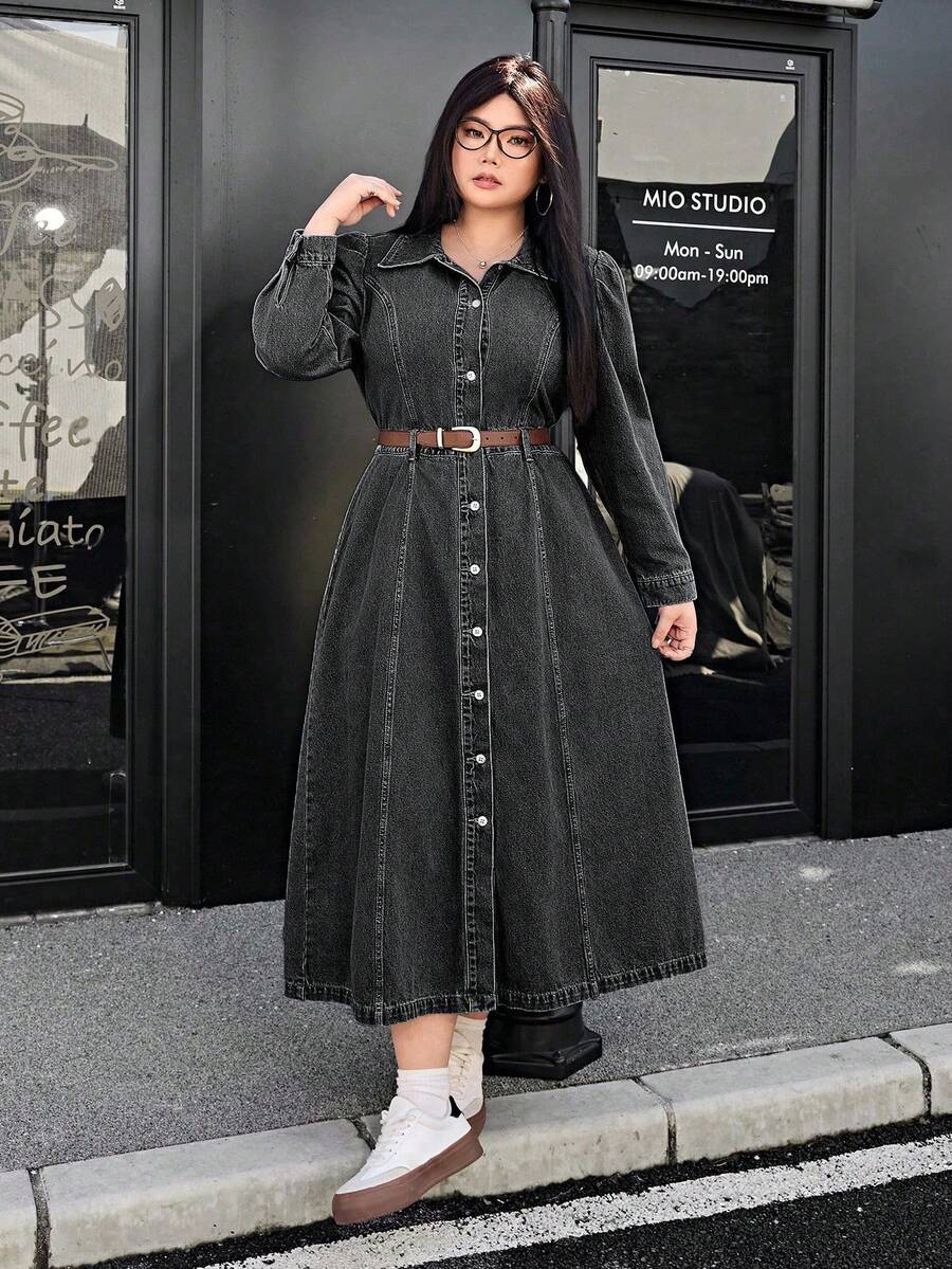 SHEIN ICON 大码纯色休闲长袖牛仔连衣裙 - 深灰色 - 查看 1
