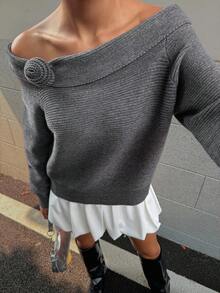 Livesso Women's Off Shoulder Loose Floral Sweater - Grey - View 2