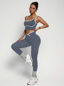 Dewbera Women's Seamless Contrast Color Yoga Activewear Set Two Piece Athletic Set Gym Two Piece Set Workout Legging Two Piece Set Grey Workout Set Gym Outfit - Grey - View 5