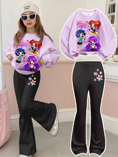 丁香紫色，K-POP 卡通女孩肖像，少女休闲简约厚实柔软舒适宽松圆领长袖运动衫和喇叭裤两件套，适合秋冬日常校园穿着