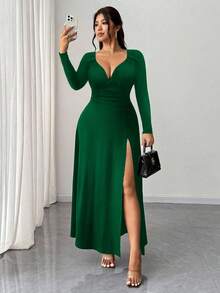 Elenzga Plus Size Women's Elegant Solid V-Neck High Stretch Bodycon Long Sleeve Party Dress, Fashionable Split Design, Versatile - Green - View 3