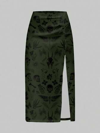 Jupe verte pour femmes au style gothique sexy avec fente haute, imprimé squelette, fleur et feuille de papillon