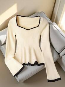 SHEIN PETITE French Elegant Square Neck Small Elastic Slim Long Sleeve Sweater, Autumn Back To School, Christmas New Year Party Graduation - Apricot - View 1