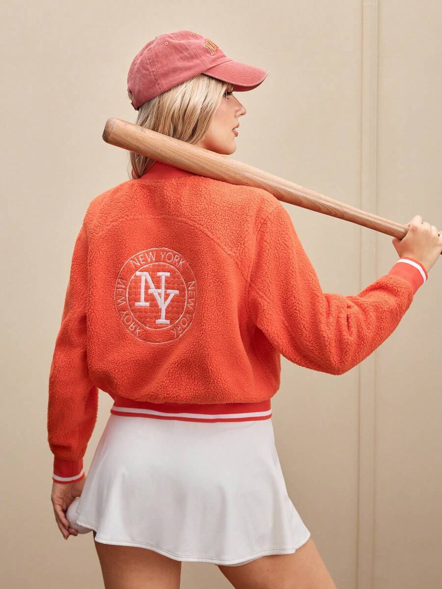 Streetz SHEIN Sport 女式字母刺绣长袖口袋休闲羊毛运动衫 - 橘色 - 查看 1