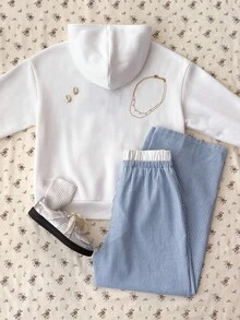 SHEIN Teen Girls Graphic Printed Hoodie And Striped Pants Set - Blue and White - View 2