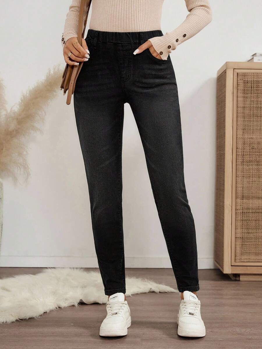 EMERY ROSE 女士牛仔裤，松紧腰带，口袋设计，修身弹力，保暖内衬，休闲百搭，加绒加厚，黑色，冬季女裤 - 黑色 - 查看 1