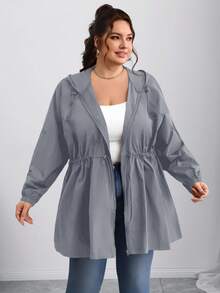 SHEIN CURVE+ Áo khoác nữ màu trơn cạp chun cỡ lớn Curves/Quần áo đi học/Quần áo trở lại trường/Áo khoác nữ màu trơn cỡ lớn, dài vừa, Thu/Đông - Màu xám đen - Xem 3