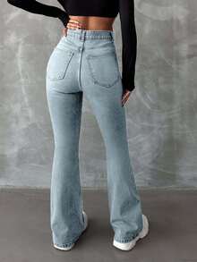 EURMUSE 98%Cotton Washed Flared Jeans With Slanted Pockets - Baby Blue - View 2