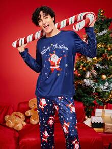 2 piezas Conjunto de pijama a juego con estampado gráfico divertido de Navidad para toda la familia, incluye top de manga larga y pantalones, ropa cómoda para el hogar para hombres, ropa de otoño e invierno