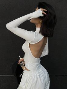 DAZY 女式露背紧身高领长袖T恤 - 白色 - 查看 5