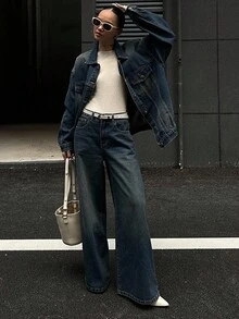 DAZY Women's Loose Denim Jacket With Collar And Straight-Leg Denim Pants Casual Denim Set - Medium Wash - View 2