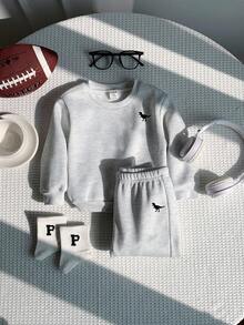 SHEIN 2 件套男婴/女婴可爱休闲运动灰色字母印花长袖连帽衫和裤子运动服套装，秋冬 - 淺灰色 - 查看 8