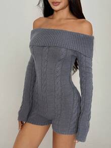 FavEase 时尚性感露肩合身针织连体衣 - 灰色 - 查看 4