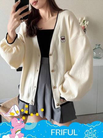 SHEIN X Care Bears FRIFUL Cardigan Solto com Decote em V Feminino com Bordado e Acabamento Contrastante