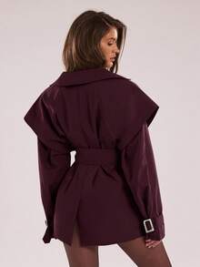 SHEIN BAE 女士纯色简约休闲长袖风衣秋冬女装 - 酒紅色 - 查看 5