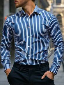 Manfinity Mode 男士藏蓝色条纹长袖涤纶衬衫，商务休闲衬衫，秋季款 - 藏蓝色 - 查看 3