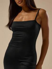 MUSERA ESSENTIALS 柔软触感吊带修身连衣裙，春夏基础款，可爱休闲，适合度假、伊比沙岛婚礼宾客、优雅生日派对、约会之夜等场合，休闲时尚。 - 黑色 - 查看 4