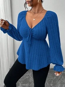 SHEIN Frenchy 大码秋季休闲长袖女装，胸前系带，面料柔软舒适，居家和外出都很漂亮，纯色心形领荷叶边下摆长袖T恤 - 寶藍色 - 查看 7