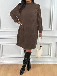 SHEIN Frenchy Váy dài tay màu trơn thường ngày cỡ lớn dành cho nữ - Cà phê nâu - Xem 4