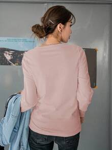 DAZY Women's Fitted Solid Color Round Neck Long Sleeve Base Layer T-Shirt - Pink - View 4