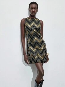 Maija 女式波浪条纹亮片圆领无袖时尚迷你连衣裙 - 彩色 - 查看 3