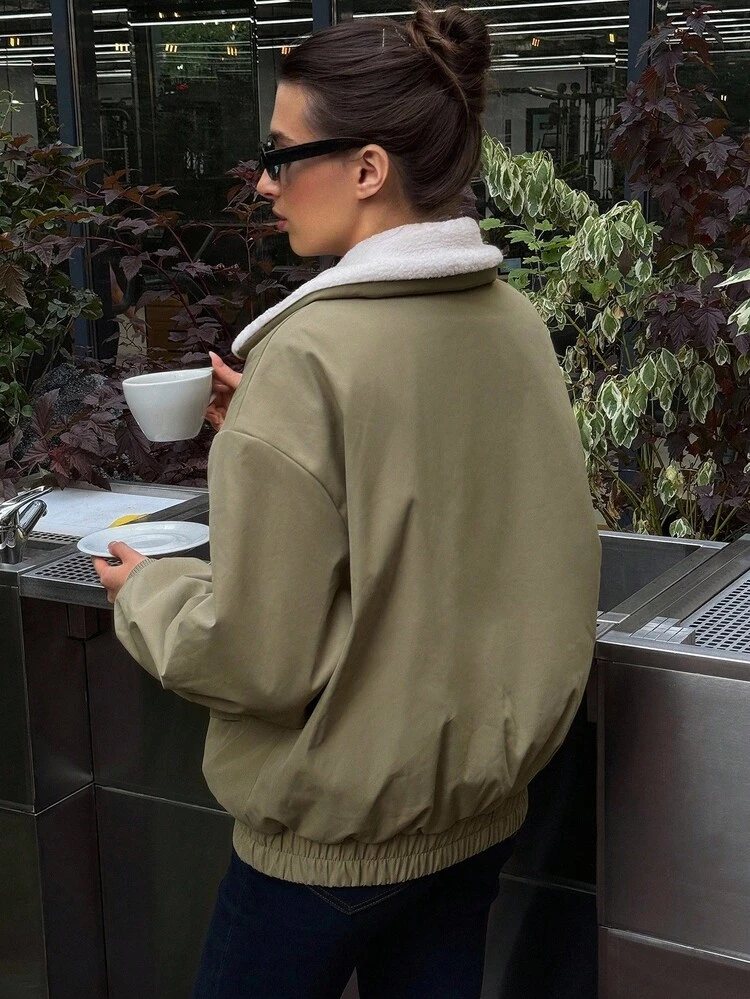 Women's Casual Loose Fit Bomber Jacket With Faux Fur Collar, Long Sleeve, Pockets, Street Style, Autumn/Winter Women Coats